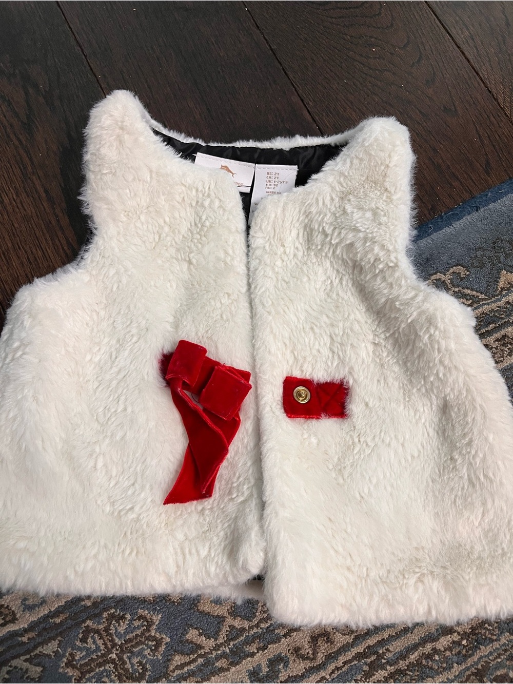 Faux Fur White Vest with Red Bow Accent